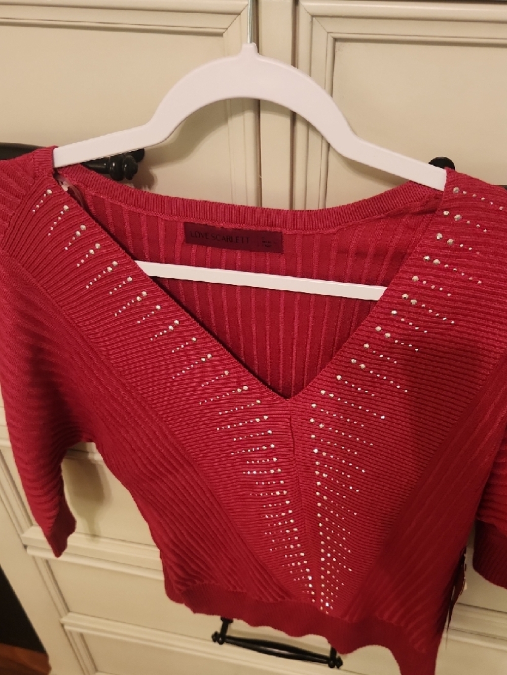Scarlett Red V-Neck Ribbed Sweater with Rhinestone Trim - Picture 2 of 6